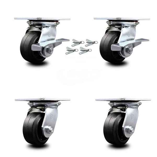 Service Caster 4 Inch Rubber on Steel Caster Set with Roller Bearing 4 Swivel Lock and 2 Brake SCC-35S420-RSR-SLB-BSL-2-BSL-2 - main